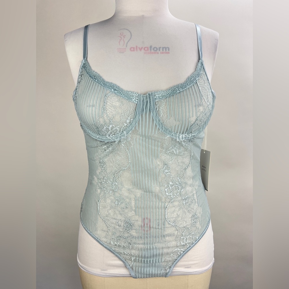 349B-BLUE. Lace Bodysuit with Adjustable Straps